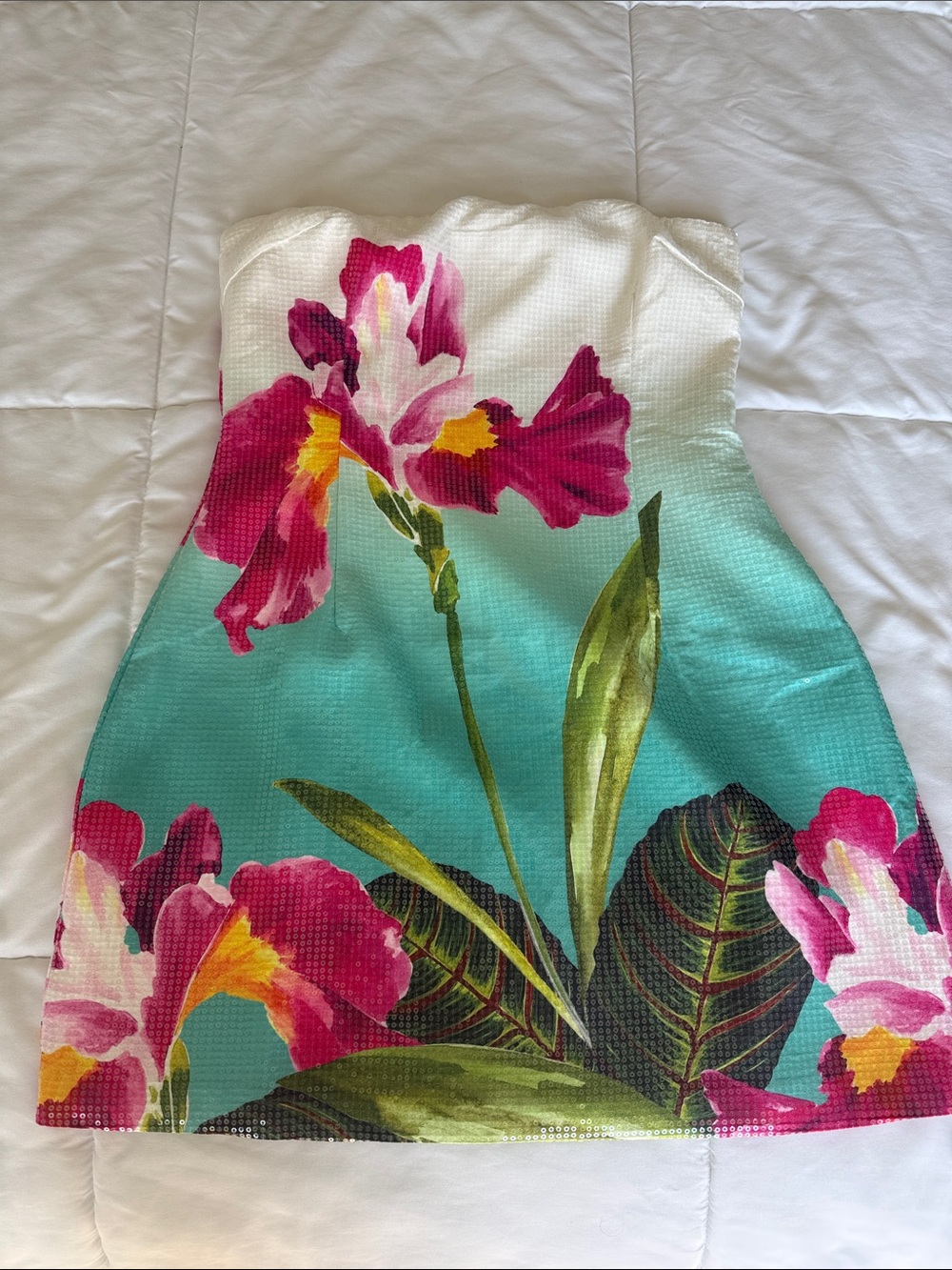 Strapless Floral Ombre Mini Dress in Teal and Pink
